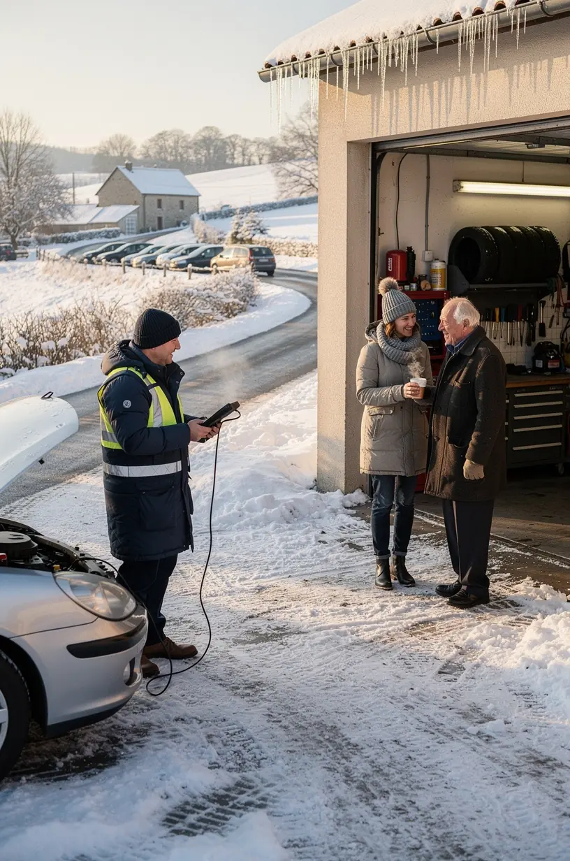 Vue intérieure d’un garage d’assistance routière avec plusieurs véhicules en cours de réparation.